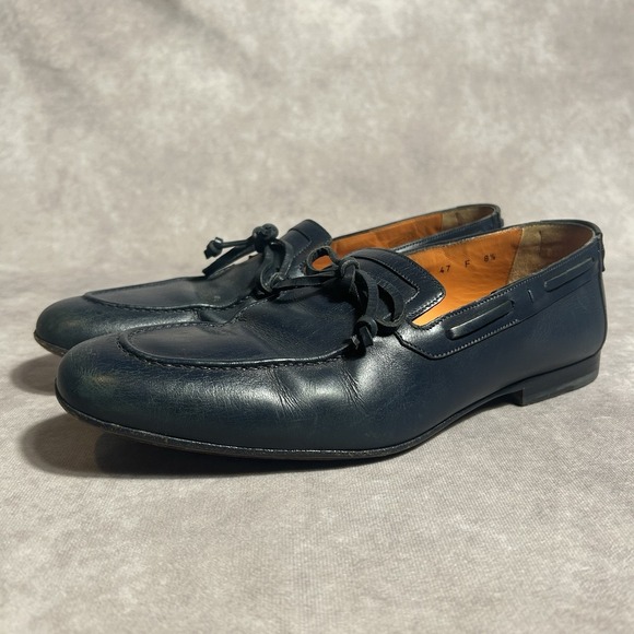 Santoni‎ Mens Boat Loafers Dress Shoes Navy Blue Leather Size US 8.5 - Picture 1 of 9